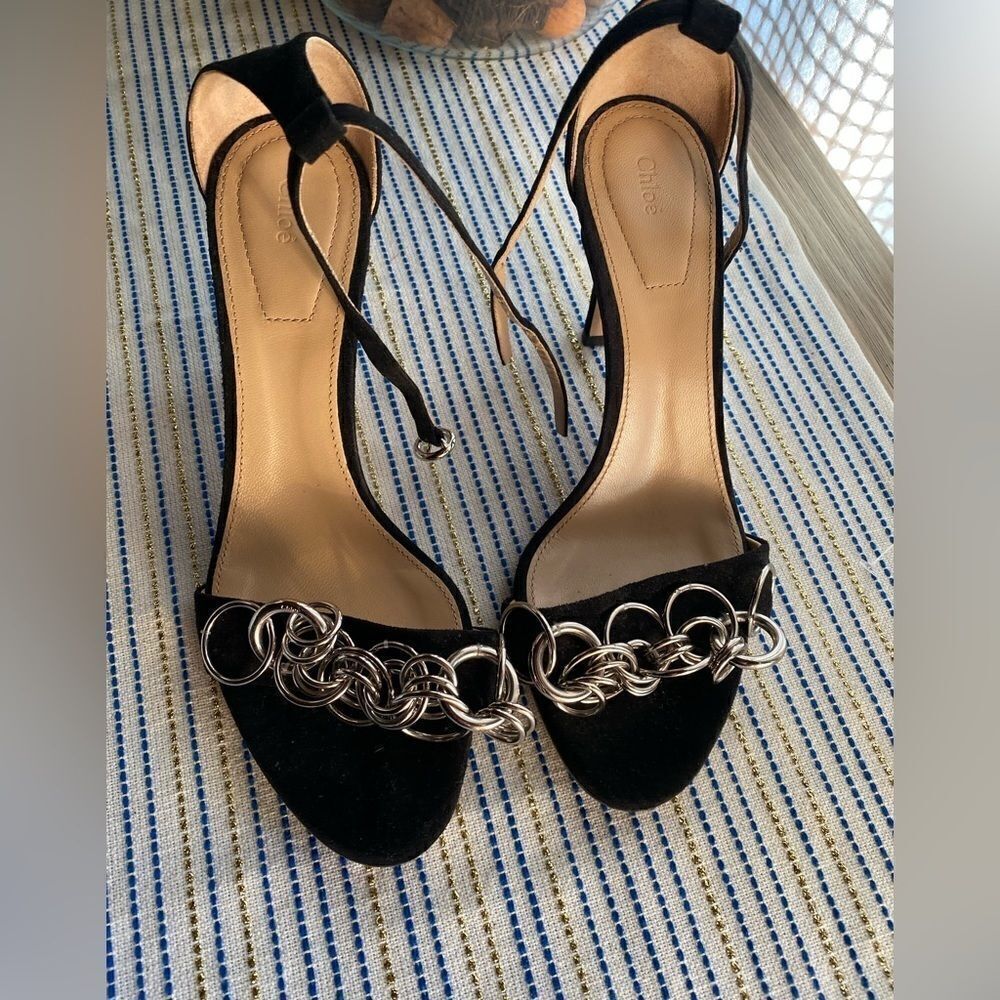 Chloe , black shoes with chains in front and ankle bracelet, new never used
